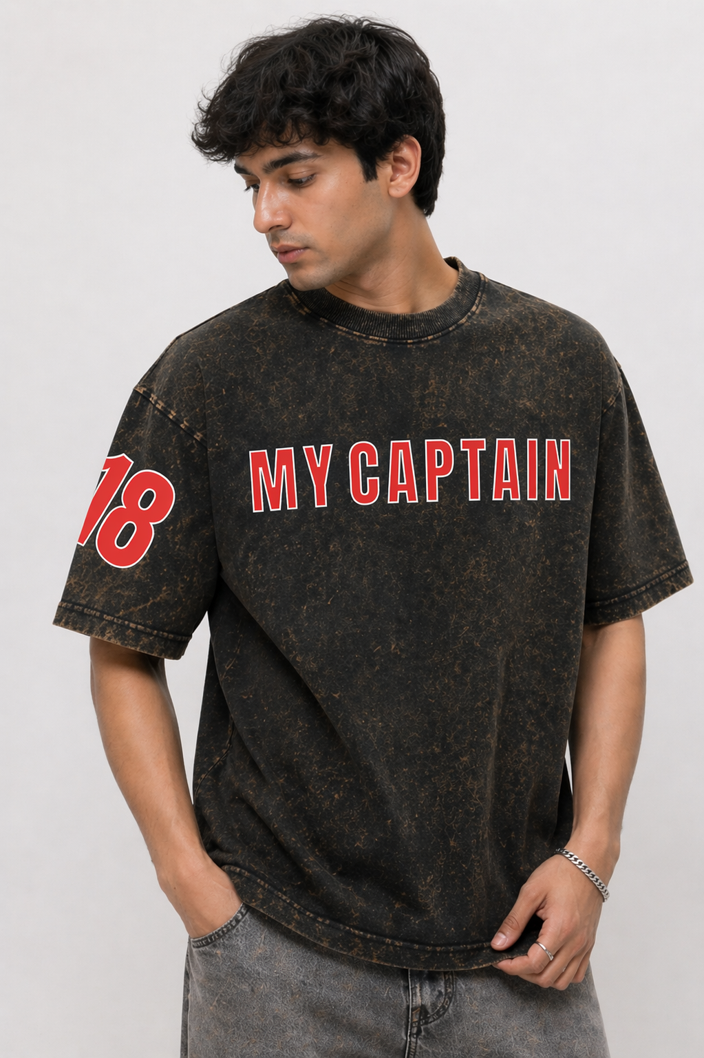“My Captain 18” Acid-Wash Oversized T-Shirt